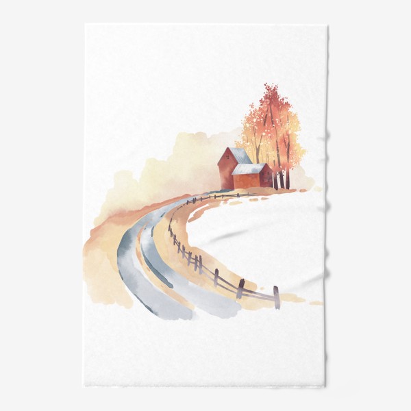 Полотенце «Акварельная нарисованная вручную иллюстрация с изображением осеннем леса, красного домика и уходящей вдаль дороги»