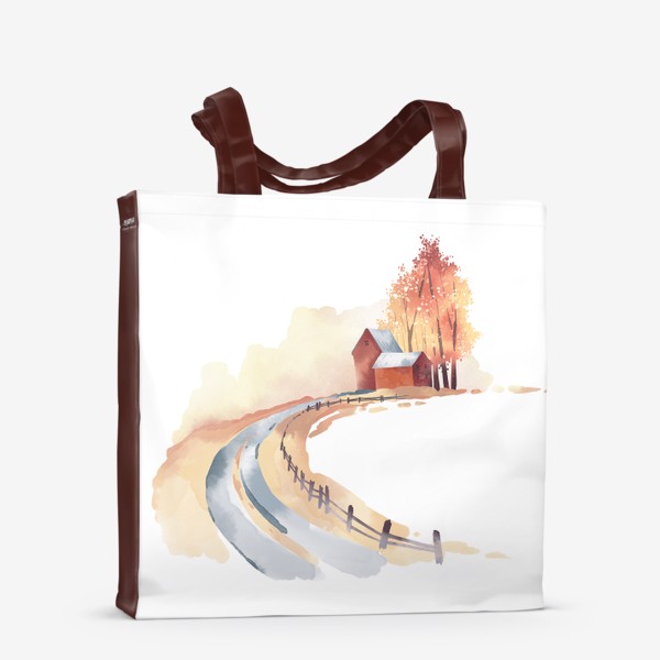 Сумка-шоппер «Акварельная нарисованная вручную иллюстрация с изображением осеннем леса, красного домика и уходящей вдаль дороги»