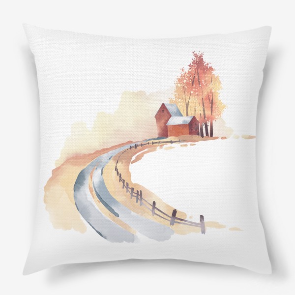 Подушка «Акварельная нарисованная вручную иллюстрация с изображением осеннем леса, красного домика и уходящей вдаль дороги»