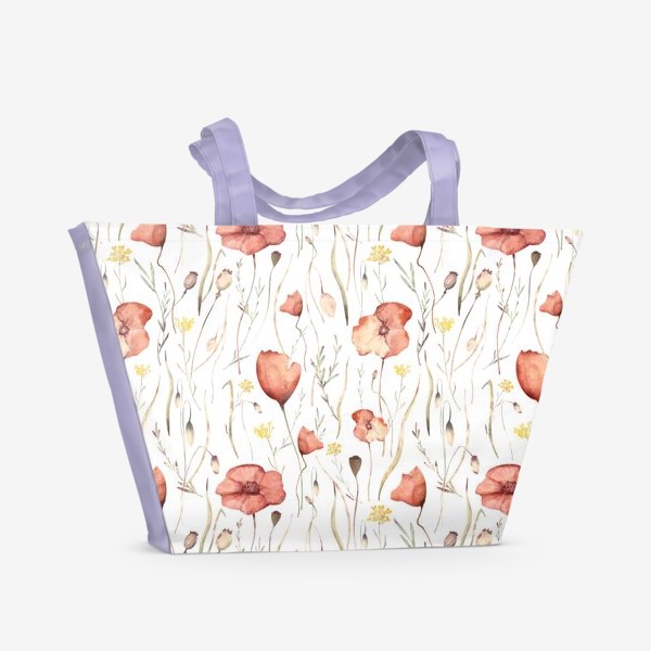 Пляжная сумка «Акварельный нарисованный вручную бесшовный фон с яркими иллюстрациями цветущих красных маков»