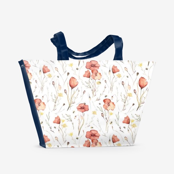 Пляжная сумка &laquo;Акварельный нарисованный вручную бесшовный фон с яркими иллюстрациями цветущих красных маков, летающих шмелей. Поле&raquo;