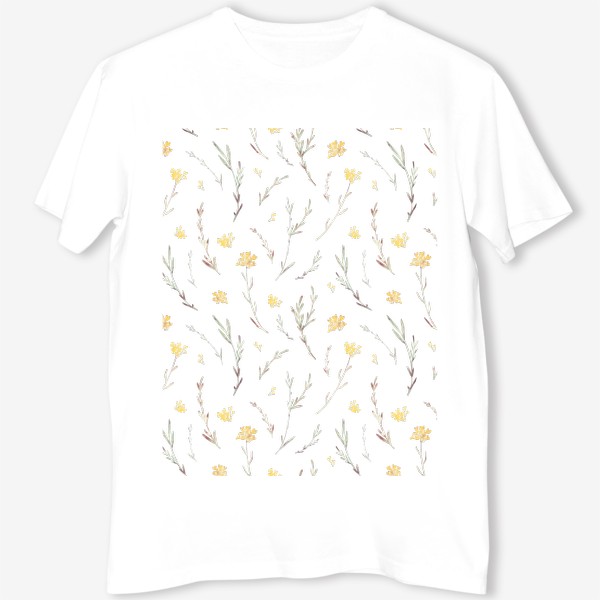 Футболка &laquo;Акварельный нарисованный вручную бесшовный фон с простыми нежными иллюстрациями цветущих желтых маленьких цветов. Поле&raquo;