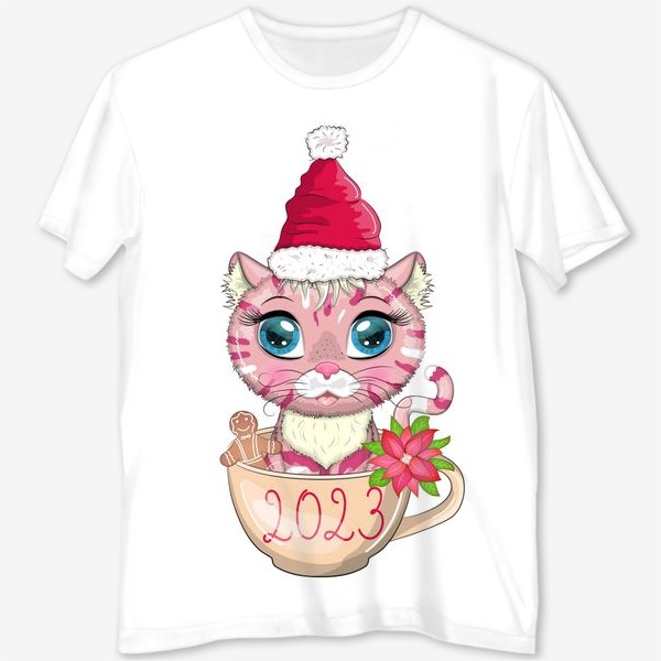 Футболка с полной запечаткой &laquo;Символ 2023 Нового года, котик в чашке с надписью 2023&raquo;