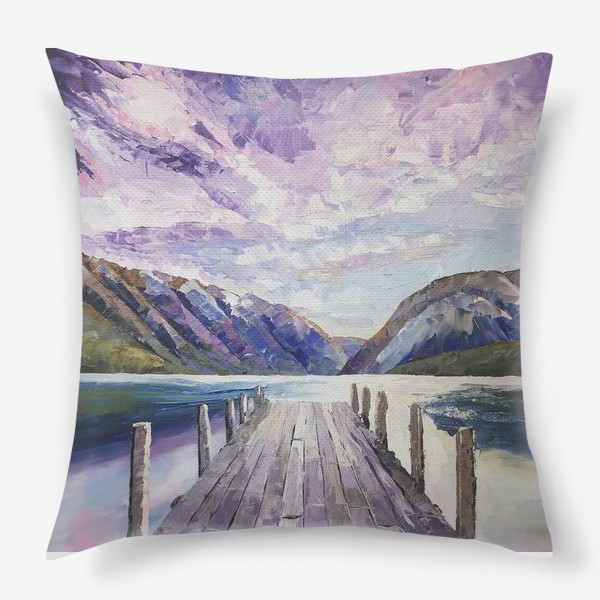 Подушка «Сиреневый рассвет над озером - картина, пейзаж»