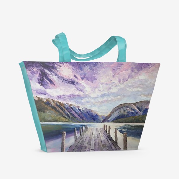 Пляжная сумка «Сиреневый рассвет над озером - картина, пейзаж»