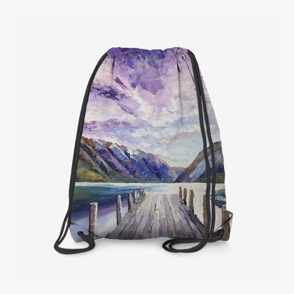 Рюкзак «Сиреневый рассвет над озером - картина, пейзаж»