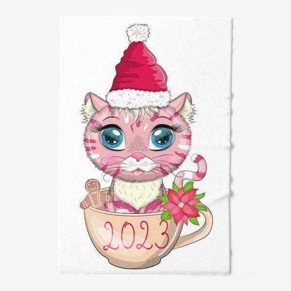 Полотенце «Символ 2023 Нового года, котик в чашке с надписью 2023»
