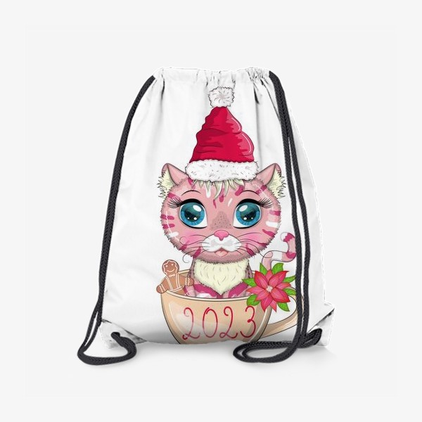 Рюкзак «Символ 2023 Нового года, котик в чашке с надписью 2023»