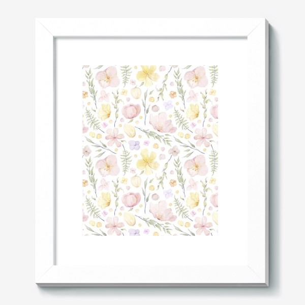 Картина «Акварельный нарисованный вручную бесшовный фон с нежными весенними иллюстрациями розовых, желтых цветов, зеленых веточек»