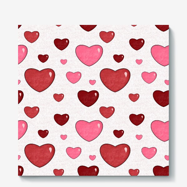 Холст «Красные и розовые сердца. Объёмные текстурные блестящие сердечки. День Влюблённых. Любовь»