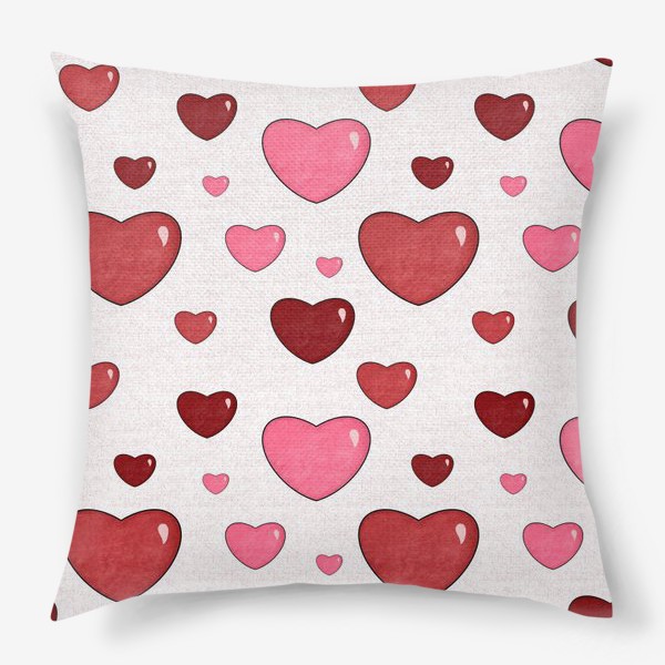 Подушка «Красные и розовые сердца. Объёмные текстурные блестящие сердечки. День Влюблённых. Любовь»