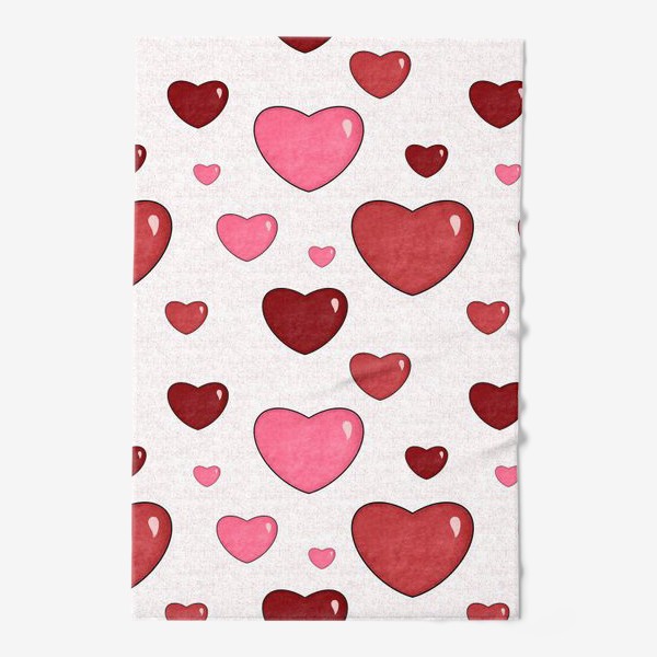 Полотенце «Красные и розовые сердца. Объёмные текстурные блестящие сердечки. День Влюблённых. Любовь»