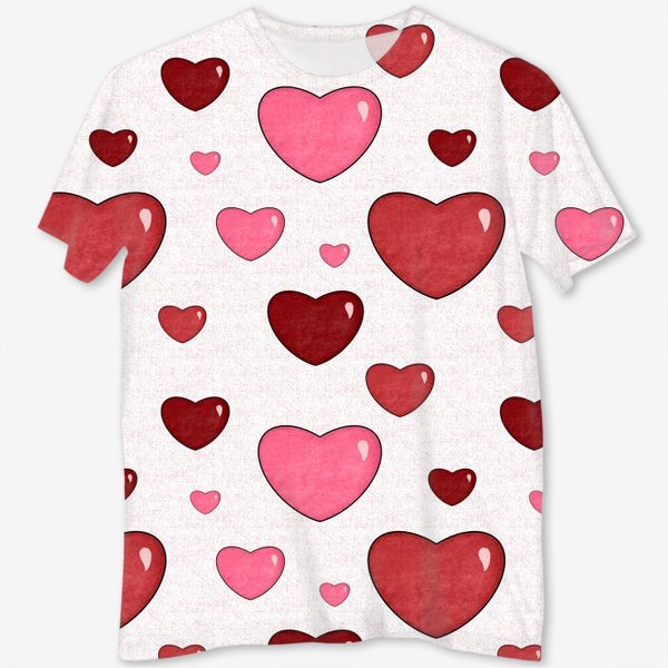 Футболка с полной запечаткой «Красные и розовые сердца. Объёмные текстурные блестящие сердечки. День Влюблённых. Любовь»
