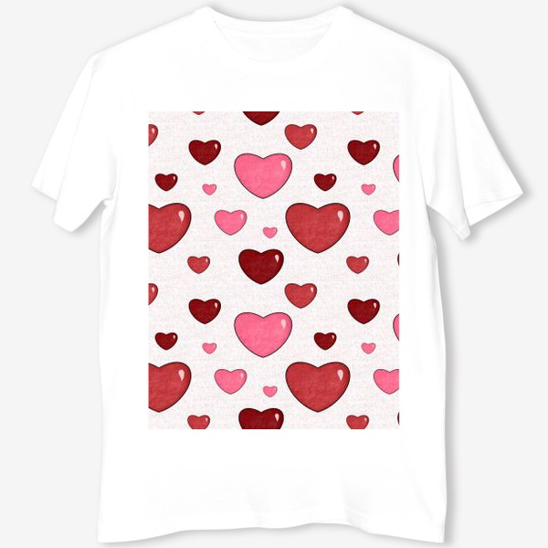 Футболка «Красные и розовые сердца. Объёмные текстурные блестящие сердечки. День Влюблённых. Любовь»