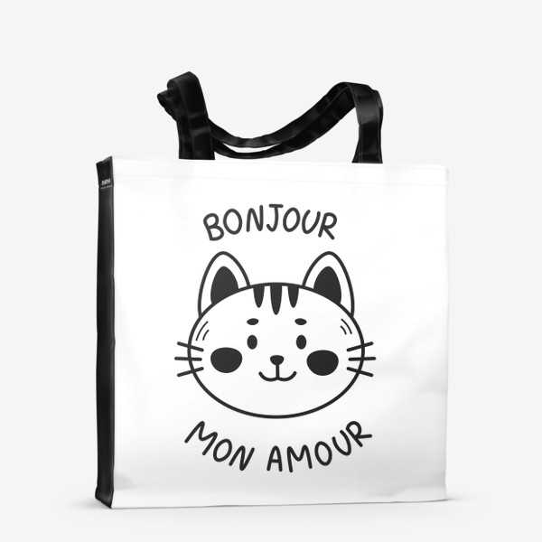 Сумка-шоппер &laquo;Черно-белый кот с надписью Bonjour mon amour&raquo;
