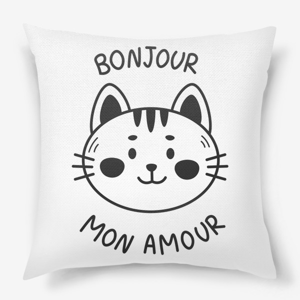 Подушка «Черно-белый кот с надписью Bonjour mon amour»