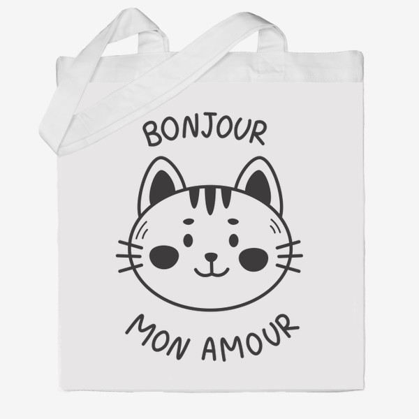 Сумка хб «Черно-белый кот с надписью Bonjour mon amour»