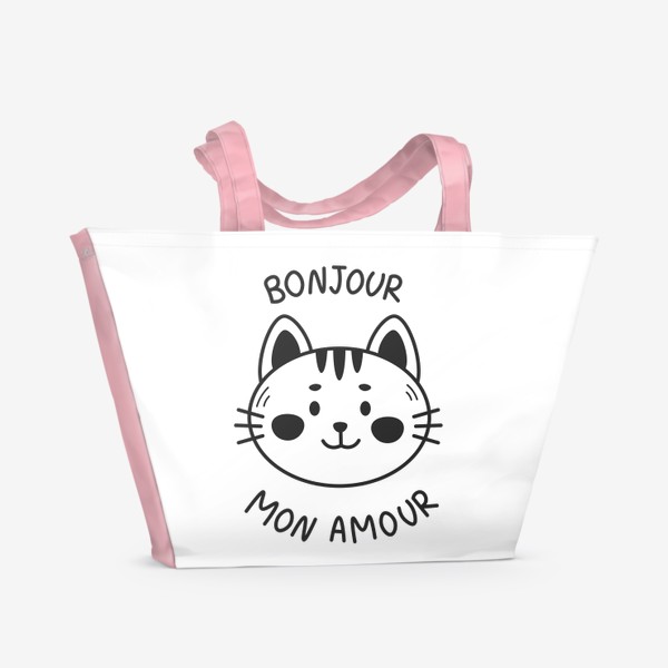 Пляжная сумка «Черно-белый кот с надписью Bonjour mon amour»