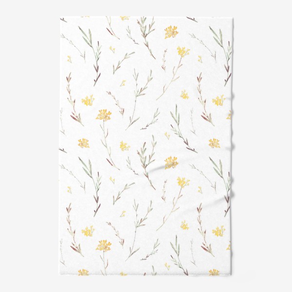 Полотенце &laquo;Акварельный нарисованный вручную бесшовный фон с простыми нежными иллюстрациями цветущих желтых маленьких цветов. Поле&raquo;