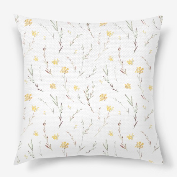 Подушка &laquo;Акварельный нарисованный вручную бесшовный фон с простыми нежными иллюстрациями цветущих желтых маленьких цветов. Поле&raquo;