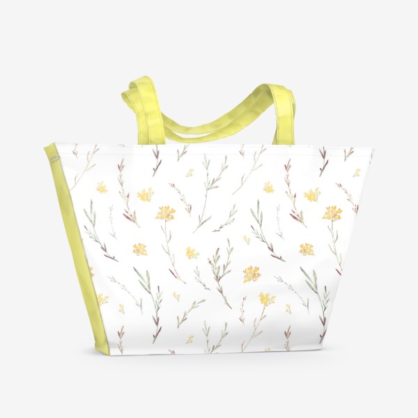 Пляжная сумка «Акварельный нарисованный вручную бесшовный фон с простыми нежными иллюстрациями цветущих желтых маленьких цветов. Поле»