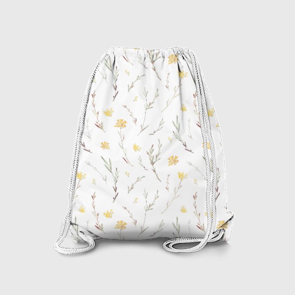 Рюкзак «Акварельный нарисованный вручную бесшовный фон с простыми нежными иллюстрациями цветущих желтых маленьких цветов. Поле»