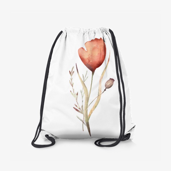 Рюкзак «Акварельная нарисованная вручную яркая иллюстрация с цветущими красными маками, полевыми травами. Простой милый букет»