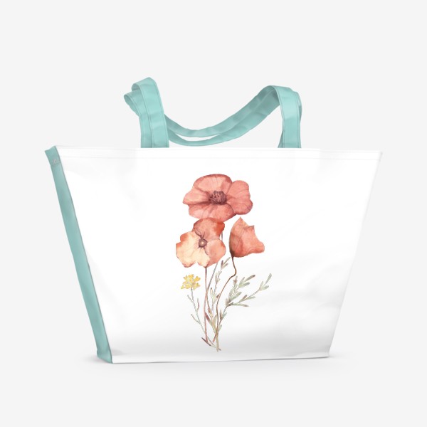 Пляжная сумка «Акварельная нарисованная вручную яркая иллюстрация с цветущими красными маками, полевыми травами. Простой милый букет»