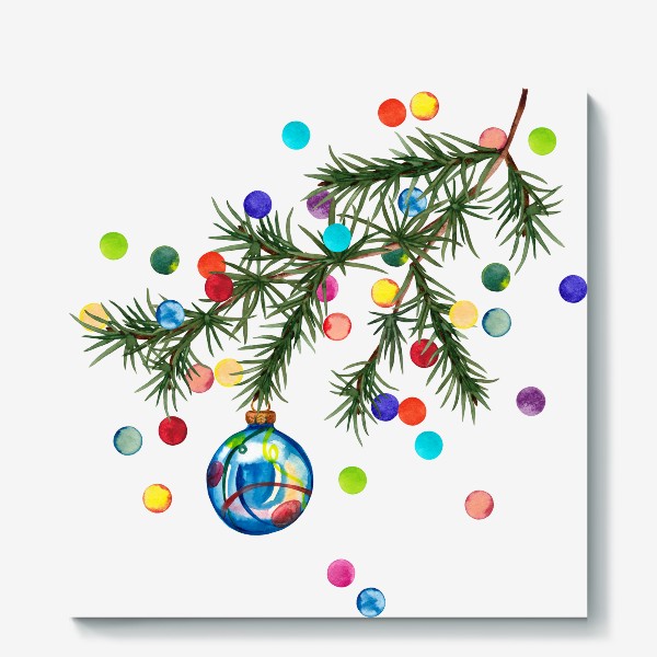 Холст «Новогодняя еловая ветка Конфетти и голубой шар»