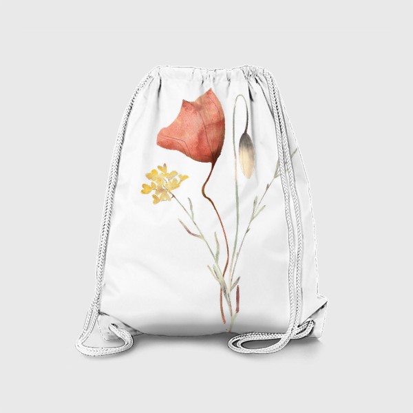 Рюкзак «Акварельная нарисованная вручную яркая иллюстрация с цветущими красными маками, полевыми травами. Простой милый букет»