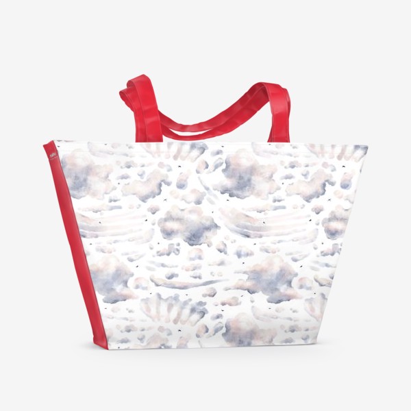 Пляжная сумка «Акварельный нарисованный вручную бесшовный фон с иллюстрациями облачного вечернего неба. Небесный пейзаж, птицы»