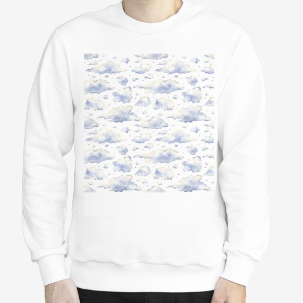 Свитшот «Акварельный нарисованный вручную бесшовный фон с иллюстрациями облачного голубого неба. Небесный пейзаж, птицы»