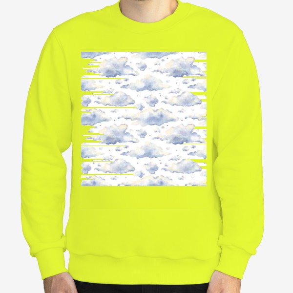 Свитшот «Акварельный нарисованный вручную бесшовный фон с иллюстрациями облачного голубого неба. Небесный пейзаж, птицы»