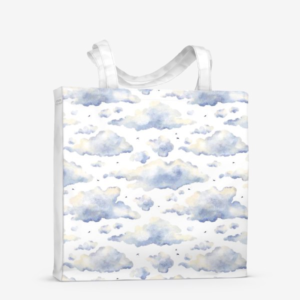 Сумка-шоппер «Акварельный нарисованный вручную бесшовный фон с иллюстрациями облачного голубого неба. Небесный пейзаж, птицы»