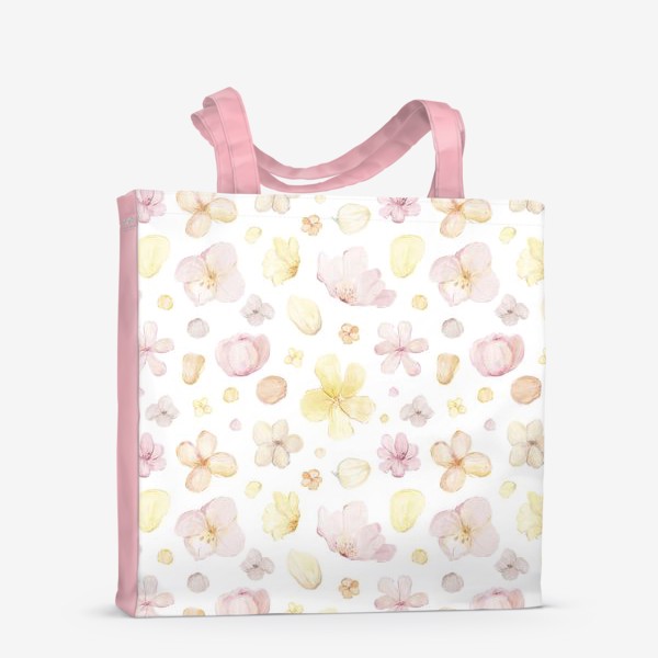 Сумка-шоппер «Акварельный нарисованный вручную бесшовный фон с нежными иллюстрациями абстрактных розовых и желтых  цветов»