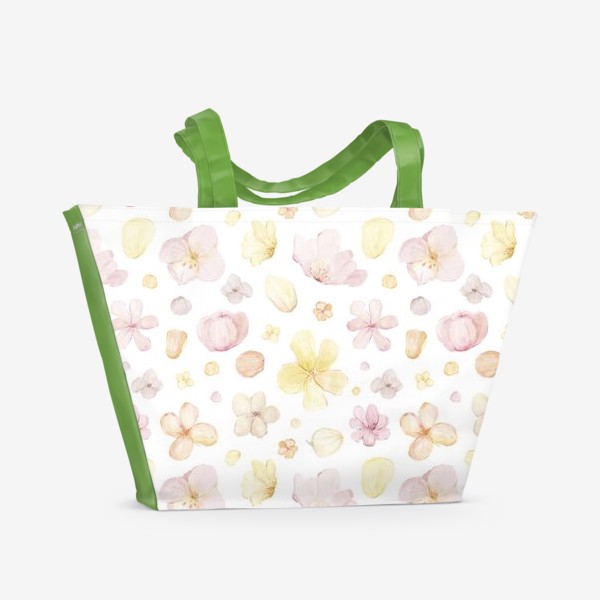 Пляжная сумка «Акварельный нарисованный вручную бесшовный фон с нежными иллюстрациями абстрактных розовых и желтых  цветов»