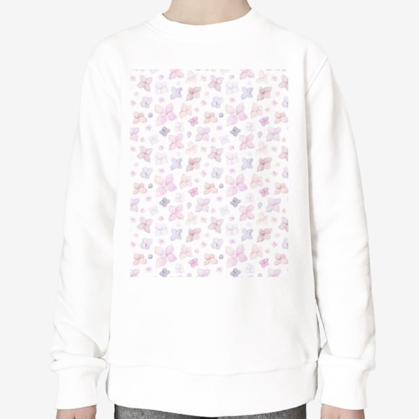 Свитшот &laquo;Акварельный нарисованный вручную бесшовный фон с нежными иллюстрациями абстрактных цветов сирени. Фиолетовый, розовый&raquo;