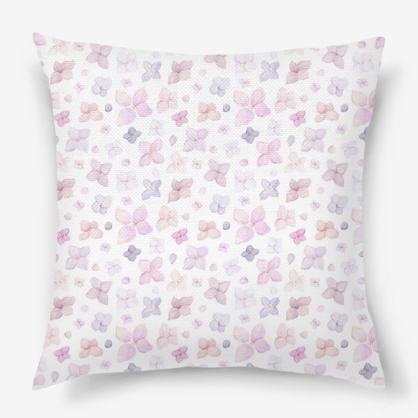 Подушка «Акварельный нарисованный вручную бесшовный фон с нежными иллюстрациями абстрактных цветов сирени. Фиолетовый, розовый»