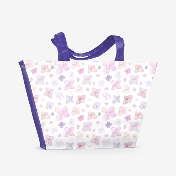 Пляжная сумка «Акварельный нарисованный вручную бесшовный фон с нежными иллюстрациями абстрактных цветов сирени. Фиолетовый, розовый»