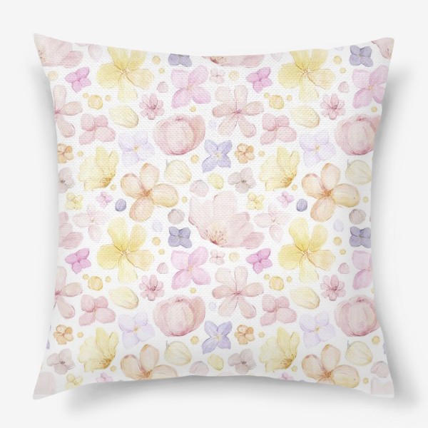 Подушка «Акварельный нарисованный вручную бесшовный фон с нежными иллюстрациями абстрактных розовых и желтых  цветов»