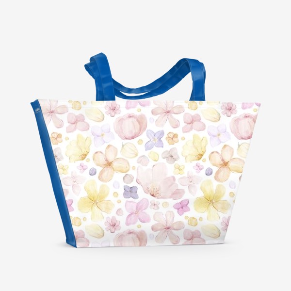 Пляжная сумка «Акварельный нарисованный вручную бесшовный фон с нежными иллюстрациями абстрактных розовых и желтых  цветов»