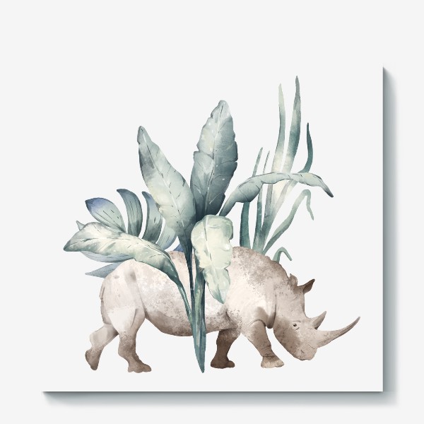 Холст «Акварельная нарисованная вручную яркая иллюстрация с носорогом в зеленых тропических листьях. Животные Африки»