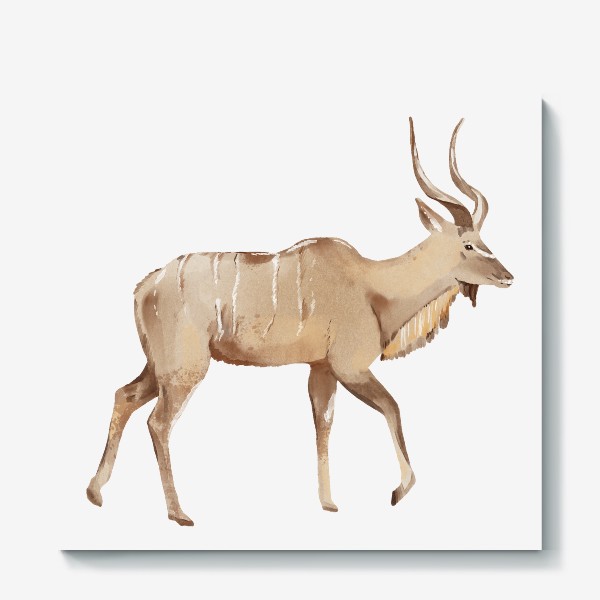 Холст «Акварельная нарисованная вручную яркая иллюстрация с антилопой Куду. Животные Африки, зоопарк»