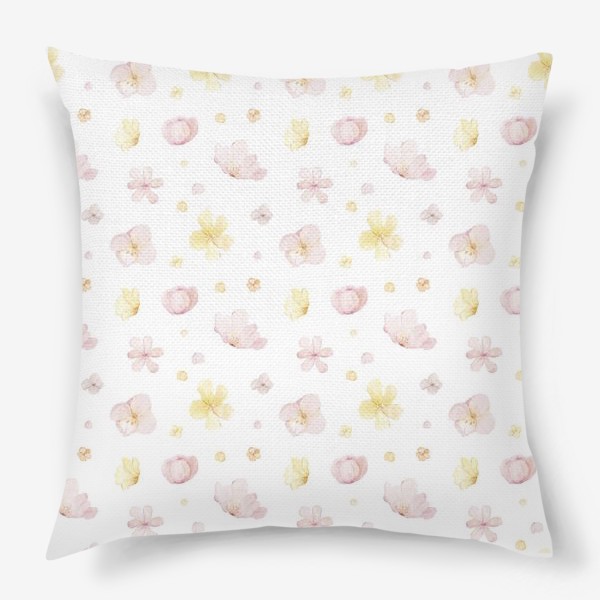 Подушка «Акварельный нарисованный вручную бесшовный фон с нежными иллюстрациями абстрактных розовых и желтых  цветов»