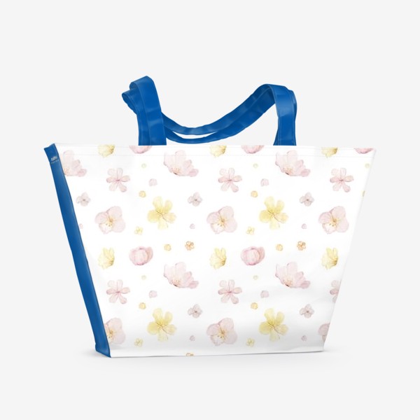 Пляжная сумка &laquo;Акварельный нарисованный вручную бесшовный фон с нежными иллюстрациями абстрактных розовых и желтых  цветов&raquo;