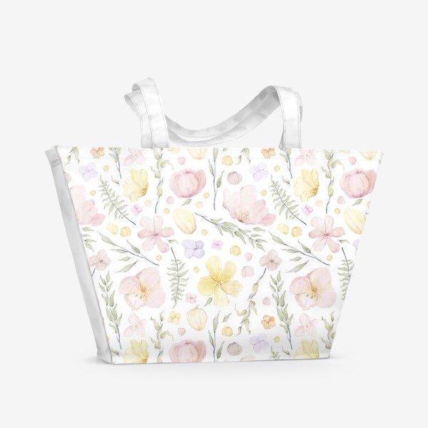 Пляжная сумка «Акварельный нарисованный вручную бесшовный фон с нежными весенними иллюстрациями розовых, желтых цветов, зеленых веточек»