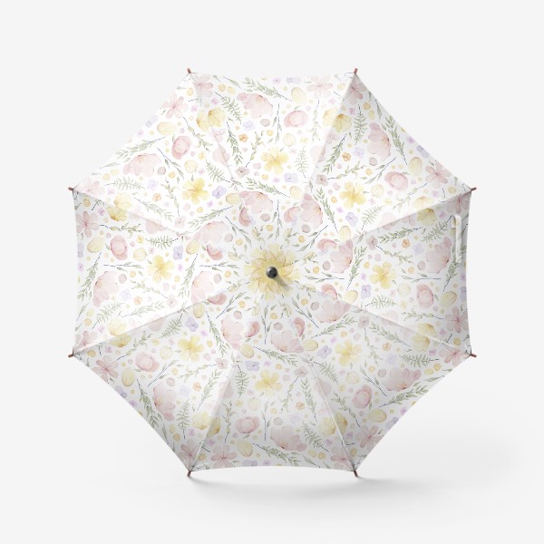 Зонт «Акварельный нарисованный вручную бесшовный фон с нежными весенними иллюстрациями розовых, желтых цветов, зеленых веточек»