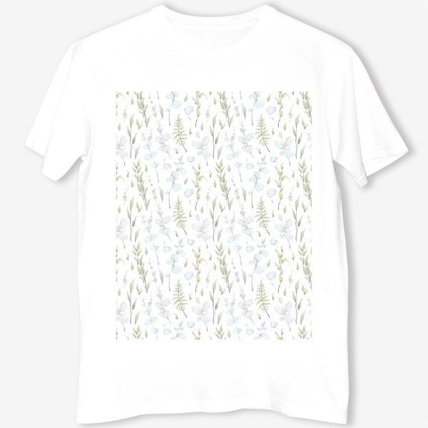 Футболка &laquo;Акварельный нарисованный вручную бесшовный фон с нежными иллюстрациями веточек папоротника, зеленых листьев и эвкалипта&raquo;