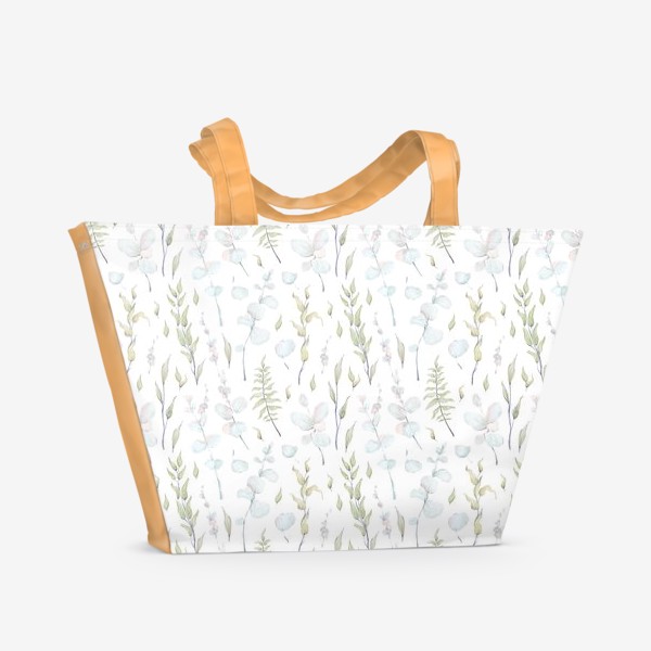 Пляжная сумка &laquo;Акварельный нарисованный вручную бесшовный фон с нежными иллюстрациями веточек папоротника, зеленых листьев и эвкалипта&raquo;