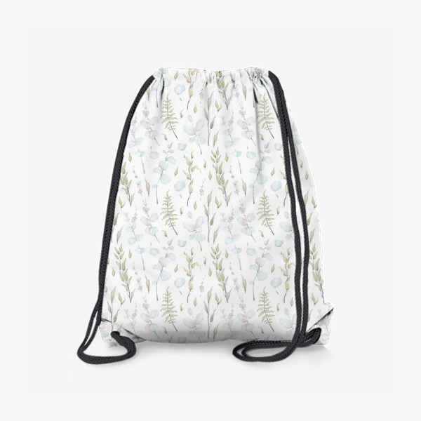 Рюкзак «Акварельный нарисованный вручную бесшовный фон с нежными иллюстрациями веточек папоротника, зеленых листьев и эвкалипта»